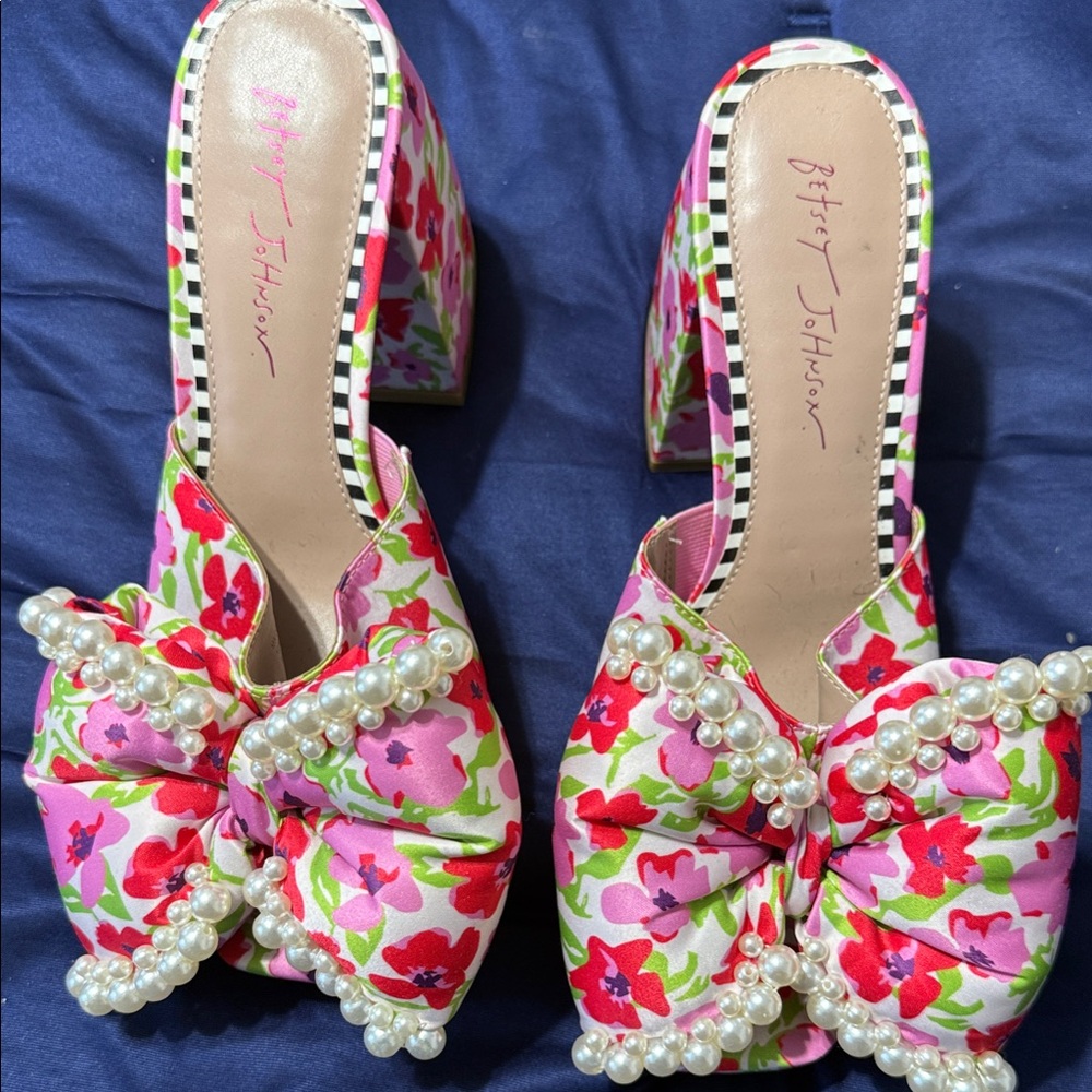 Betsey Johnson Pink and Red Floral Heels with Pearls